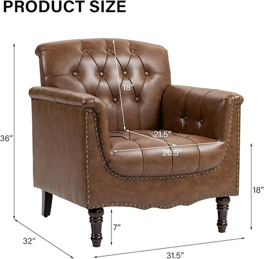 Faux Leather Accent Chair, PU Leather Modern Comfy Upholstered Armchair with Wood Legs & Nailhead Trim for Living Room, Bedroom (Brown,Set of 1)