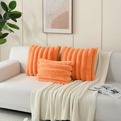 FUTEI Orange Decorative Throw Pillow Covers 24x24 Inch Set of 2, Square Soft Faux Rabbit Fur Thick Striped European Cushion Covers,Winter Home Decor for Couch Bed Living Room