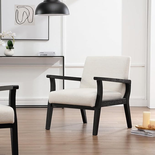 Mid Century Modern Accent Chair, Linen Upholstered Living Room Accent Armchair with Black Wood Frame, Farmhouse Chair Indoor Corner Chair for Living Room Bedroom, Beige