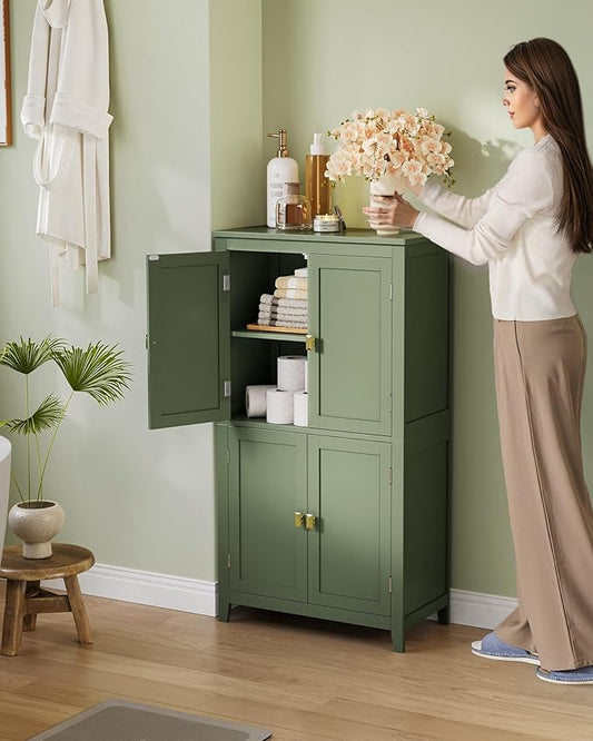 VASAGLE Floor Storage Cabinet, Freestanding Storage Unit with 4 Doors, Adjustable Shelves, 11.8 x 23.6 x 43.3 Inches, for Entryway, Bathroom, Forest Green UBBC552C01