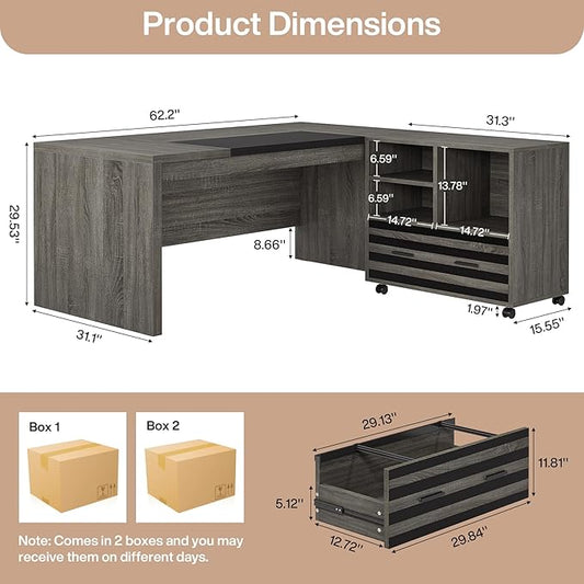 Tribesigns 62.2" Executive Desk with Mobile File Cabinet, L-Shaped Office Desk with Storage Shelves, Large Computer Table Business Workstation Set for Home Office, Grey