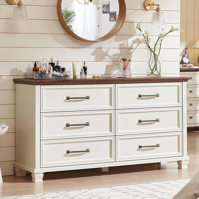 Farmhouse Bedroom Dresser and Nightstand Set of 4, 6 Drawer Low & 5 Drawers Dresser & 3 Drawer Nightstand Set with Wooden Legs, Rustic Wood Bedroom Furniture for Livingroom, Hallway, White