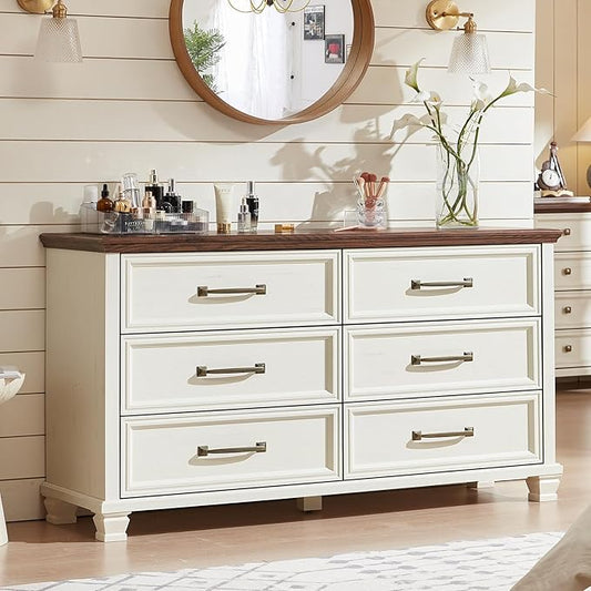 Farmhouse Bedroom Dresser and Nightstand Set of 4, 6 Drawer Tall & Low Dresser & 2 Drawer Nightstand Set, Rustic Wood Bedroom Furniture Set for Livingroom, Hallway, White