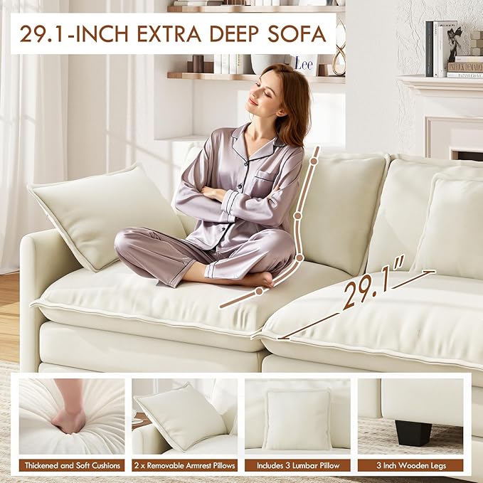 WorthFurni 111.4” Cloud Couch, Modular Sectional Sofa with Ottoman, Comfy Modern 3-Seater Couches with Pillows & Upholstered Deep Seat Cushion for Apartment Living Room Bedroom （Beige）