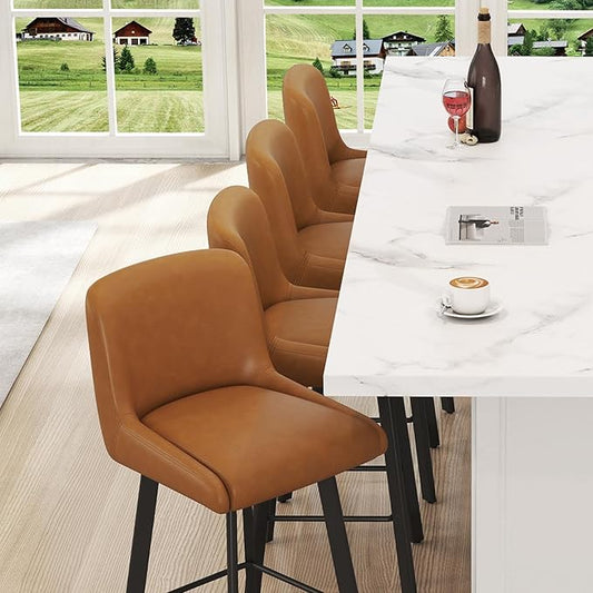 Swivel Counter Height Bar Stools Set of 6, 26''H Upholstered Barstools with Backs, Modern Bar Stool Chairs for Kitchen Island, Metal Legs, Faux Leather, Whiskey Brown Stools Counter Chair