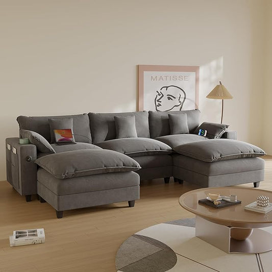 Cloud Couch, Modular Sectional Sofa with Ottoman, Charging Station, Throw Pillows, Cup Holders, Modern Convertible L Shaped Couches for Living Room, Bedroom (Grey, 116"- U Shape)
