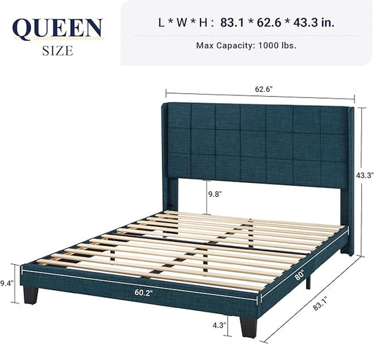 Allewie Queen Size Platform Bed Frame with Wingback, Fabric Upholstered Square Stitched Headboard and Wooden Slats, Mattress Foundation, Box Spring Optional, Easy Assembly, Dark Blue