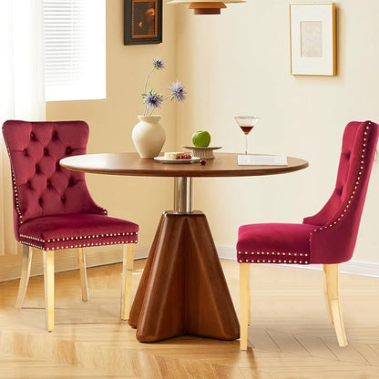 Velvet Upholstered Dining Chairs Set of 2, Modern Style Kitchen Side Chairs with Nailhead Trim and Gold Plated Leg, Metal Pulling Ring for Dining Room Living Room(Wine Red-Gold Plated Leg)