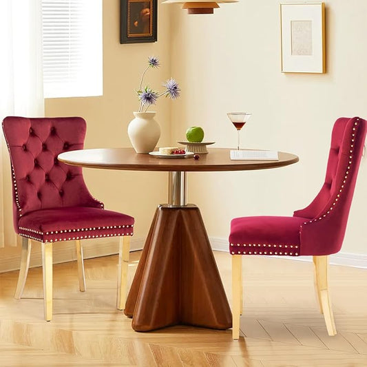 Velvet Upholstered Dining Chairs Set of 2, Modern Style Kitchen Side Chairs with Nailhead Trim and Gold Plated Leg, Metal Pulling Ring for Dining Room Living Room(Wine Red-Gold Plated Leg)