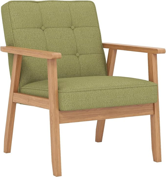 Modern Accent Chair with Arm Rest, Upholstered Linen Fabric Leisure Chair Comfy Side Chair with Backrest Button and Wooden Frame for Living Room Bedroom Reading(Green)
