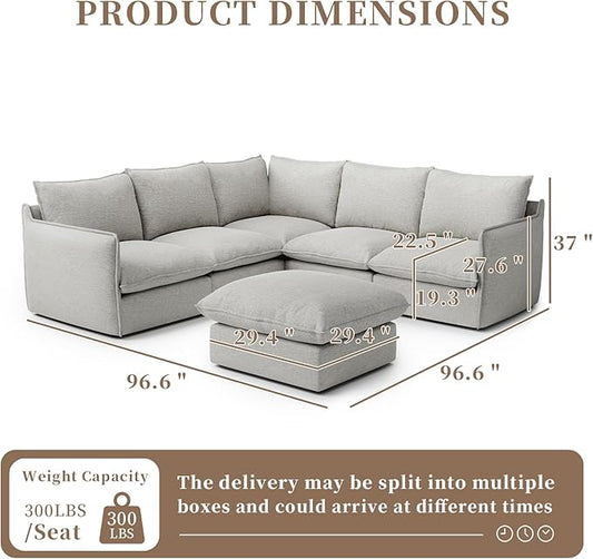 Waterproof Cloud Sectional Couches for Living Room,High Backrest Down Filled Couch,6 Seater Oversized Modular U-Shaped Sofas with Ottoman,Detachable Sofa Covers,Light Grey