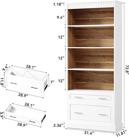 LITTLE TREE 72" Tall White Bookcase, 5-Tier Office Bookself with File Cabinet Drawers,Modern Floor Standing Storage Filing Cabinet Book Shelf for Living Room,Bedroom(2 Piece,White)