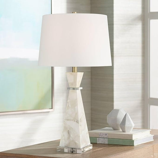 Possini Euro Design Marcy 28" Tall Modern Glam Table Lamp White Finish Alabaster Single Fabric White Shade Living Room Bedroom Bedside Nightstand House Office Home Reading Kitchen Entryway