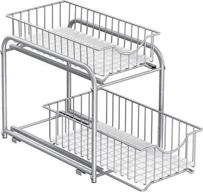 SONGMICS 2-Tier Pull Out Cabinet Organizers, Under Sink Organizer, Bathroom Organizer and Storage, Sliding Basket Drawers, Stackable for Kitchen, Bathroom, Metallic Silver UKCS017E01