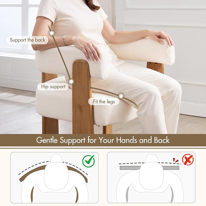 Upholstered White Velvet Dining Chairs Set of 6, Boho Modern Barrel Accent Armchairs, Thick Padded Seat & Natural Wooden Legs, Mid Century Inspired Kitchen/Dining Room Chairs, Creamy White