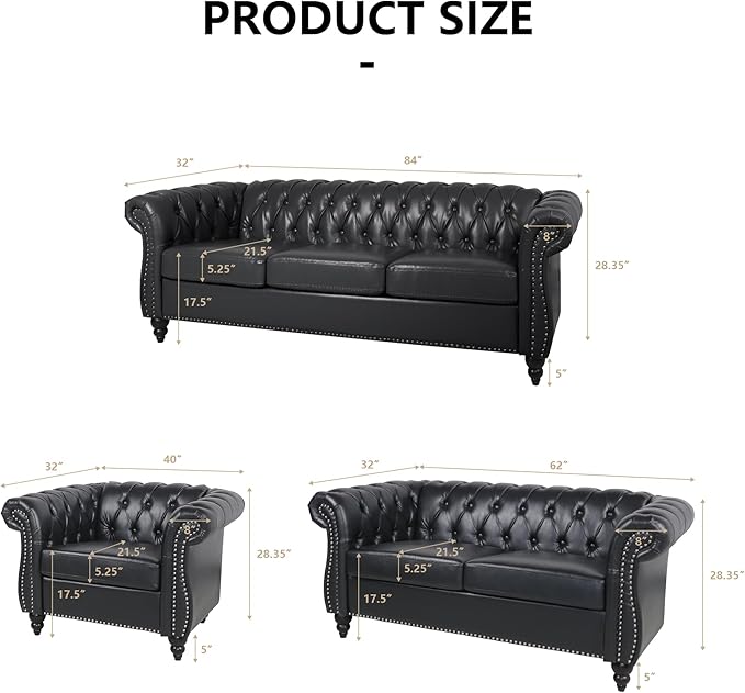 Loveseat Sofa Couch, Modern PU Leather Upholstered Sofa, Oversized Comfy 2 Seater Love Seat Couch with Cushions, Mid Century Tufted Chesterfield Sofa for Living Room, Bedroom, Apartment (Black)
