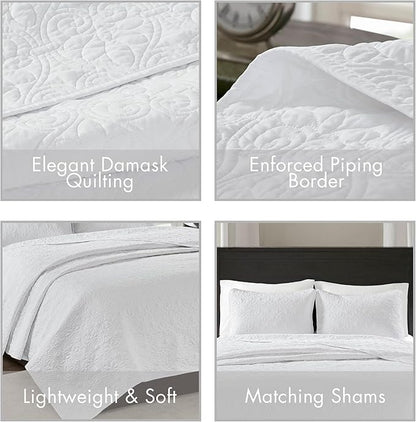 Madison Park Quebec Reversible Quilt Set Damask Design, Double Sided Stitching All Season, Lightweight Bedspread Bedding Set, Matching Sham, White, Oversized King(120"x118") 3 Piece