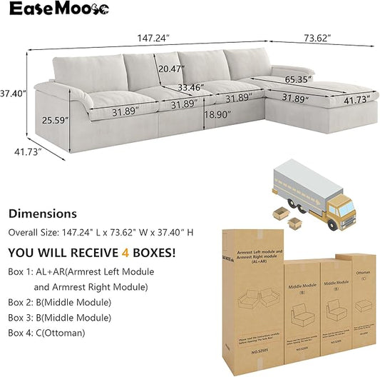 EASE MOOSE Oversized Cloud Couch Sectional Sofa, L-Shaped Large Modular Couch for Living Room, Minimalist Boneless Convertible Couches with Ottoman, 5-Seat Deep Sofas for Bedroom, Chenille (White)