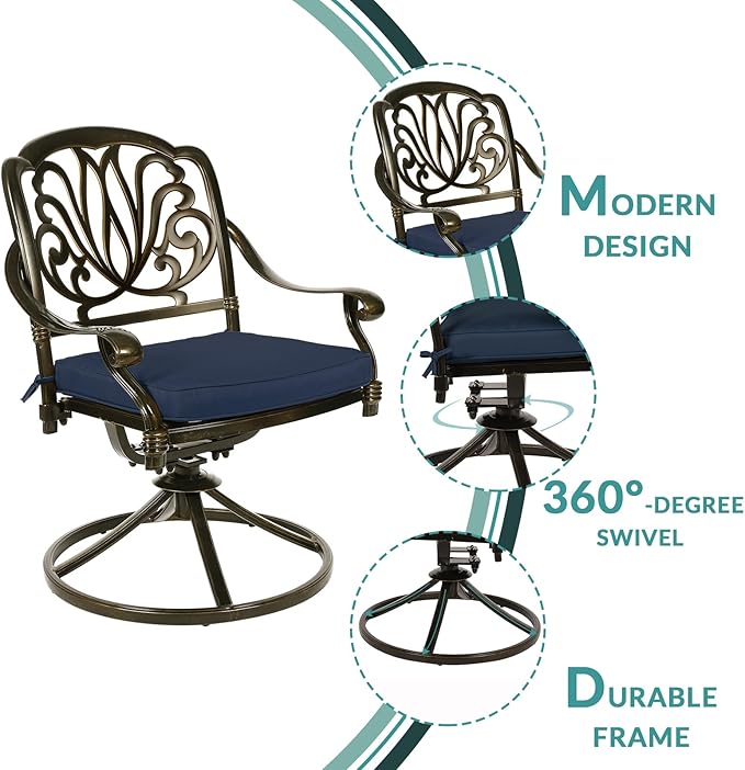 MEETWARM 9-Piece Outdoor Patio Dining Set, All-Weather Cast Aluminum Patio Conversation Set for Backyard Garden Deck with 1 Oval Table, 8 Cushioned Swivel Rocker Chairs, 2" Umbrella Hole, Navy Blue