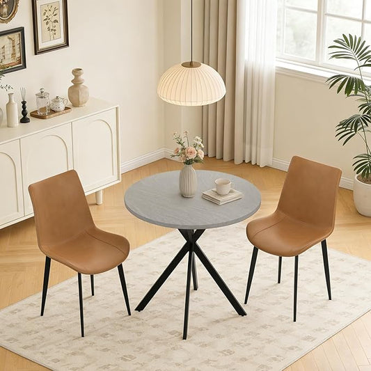 31.5" Round Dining Table and Chairs Set for 2, Small Dining Table Chairs Set Space-Saving, Small Dinette Sets for 2 for Kitchen Dining Room Apartment(Gray Table +Brown Chairs)