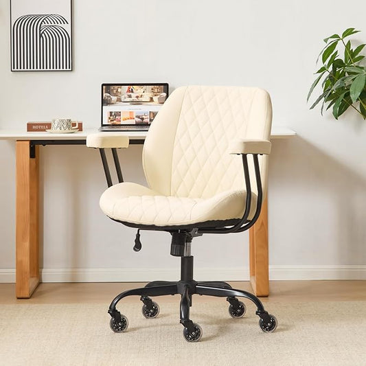 YFO Home Office Desk Chair Office Rubber Casters Ergonomic Computer Chair with Lumbar Support Adjustable Height Rolling Swivel Executive Task Armrests Chair， Cream Leather