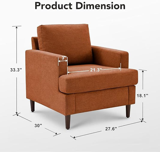 Mid-Century Accent Chair,Modern Linen Fabric Armchair for Living Room,Comfy Upholstered Reading Accent Chairs for Bedroom,Single Sofa Chair with Wood Legs (Orange, 1 Pack)