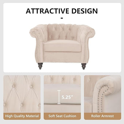 2 Piece Living Room Furniture Set, Velvet Loveseat and Chair Set, Mid Century Modern Upholstered Sofa Couch with Cushions, Comfy Tufted Chesterfield Couches for Living Room, Bedroom, Office