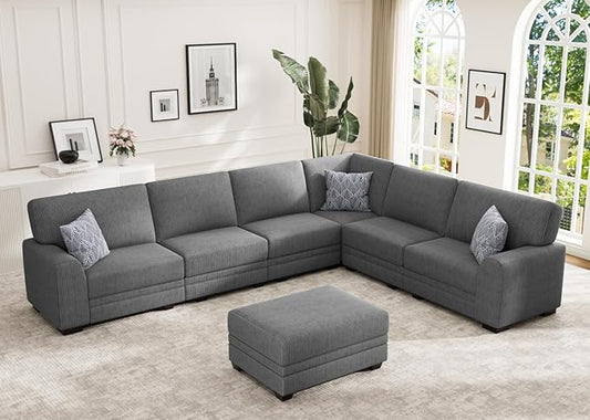 Wanderwell Oversized Modular Sectional Sofa, 7-Seater U Shaped Couches with Movable Ottoman,Corduroy Sectional Couch with Wide and Deep Seats Suitable for Living Room,Bedroom,Apartment (Grey, L-7)