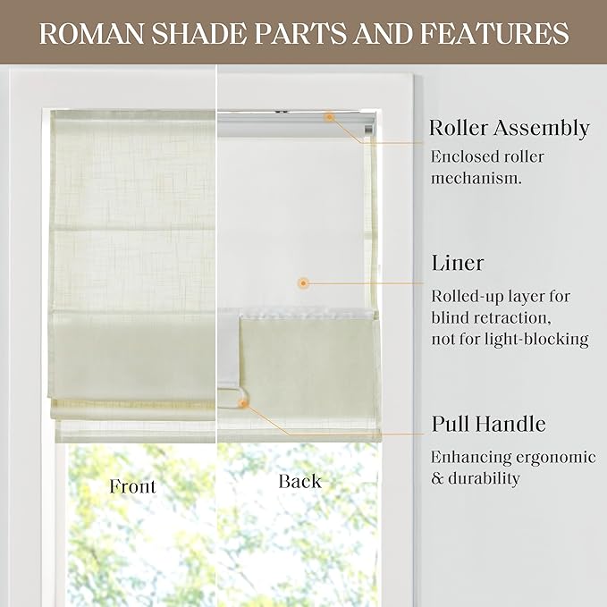 Madison Park Kyler Cordless Roman Shades - Single Panel, Lightweight Linen Blend Fabric, Natural Design, Easy Installation, Light Filtering Window Blind, Bedroom, Living Room Decor 31"W x 64"L Ivory