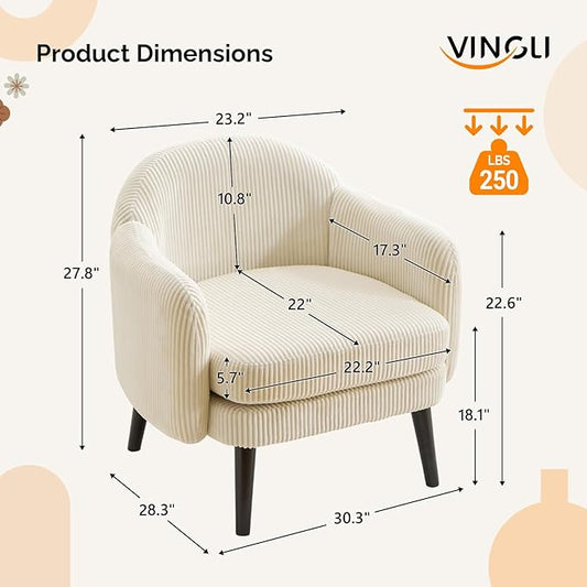 VINGLI 30.3" Wide Modern Barrel Accent Armchair with Track Armrest, Solid Wooden Legs, Comfy Upholstered Club Chair, Round Single Home Sofa for Living Room, Bedroom, Reading Room, Corduroy Beige