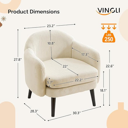 VINGLI 30.3" Wide Modern Barrel Accent Armchairs Set of 2 with Track Armrest, Solid Wooden Legs, Comfy Upholstered Club Chairs, Single Home Sofa for Living Room, Bedroom, Reading Room, Corduroy Beige