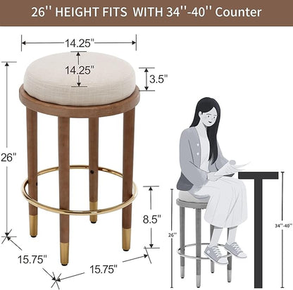 26’’ Rustic Backless Bar Stools with Metal Gold Footrest Counter Height Barstools Set of 6 Modern Round Farmhouse Beige Linen Upholstered Wooden Stools with Natural Solid Wood Legs for Kitchen Island