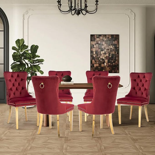 Velvet Upholstered Dining Chairs Set of 6, Modern Style Kitchen Side Chairs with Nailhead Trim and Gold Plated Leg, Metal Pulling Ring for Dining Room Living Room(Wine Red-Gold Plated Leg)