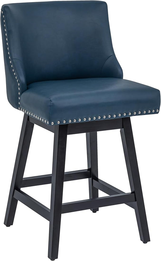 Bar Stool, PU Leather Barstool, 26 Inch Upholstered Counter Stools with 13.8" High Back and Footrest, Swivel Counter Height Barstools for Kitchen Island Home Bar Navy Blue
