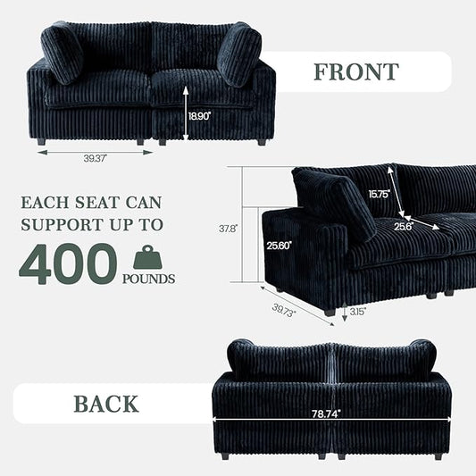 Modular Sectional Sofa, 78.74" Oversized Loveseat Sofa, Deep Seat Cloud Couch, 2 Seat Comfy Modular Sofa Couches for Living Room, Plush Couch Cushion Covers Removable, Black