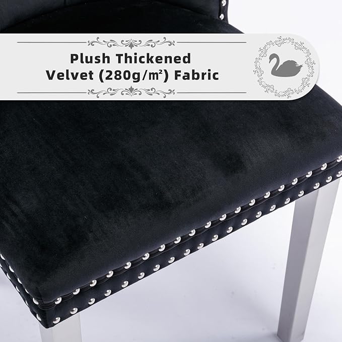 Velvet Upholstered Dining Chairs Set of 4, Modern Style Kitchen Side Chairs with Nailhead Trim and Silver Plated Leg, Metal Pulling Ring for Dining Room Living Room(Black, Set of 4)