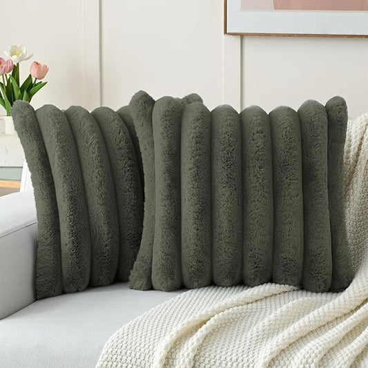 FUTEI Olive Green Decorative Throw Pillow Covers 18x18 Inch Set of 2, Square Soft Faux Rabbit Fur Big Striped Cushion Cover,Home Decor for Couch Sofa Bed Living Room