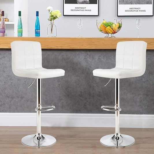 COSTWAY Bar Stool, Modern Swivel Adjustable Height PU Leather Barstools with Back, Square Armless Counter Height Bar Chair for Kitchen Island Dining Living Bistro Pub Counter, White