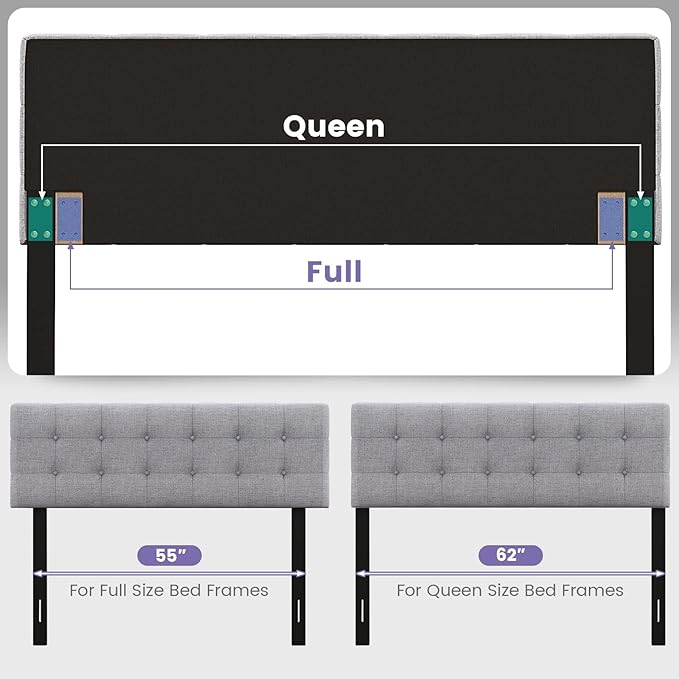 KOMFOTT Linen Upholstered Headboard for Full & Queen Size Bed Frame, Modern Tufted Button Bed Headboard with Solid Rubber Wood Legs, Rectangular Headboard with Adjustable Width, Gray