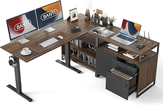 BANTI Executive L Shaped Standing Desk, 66 Inch with 2-Drawer File Cabinet, Electric Height Adjustable Stand up Desk, Home Office Computer Desk with Shelves, Black Walnut Top