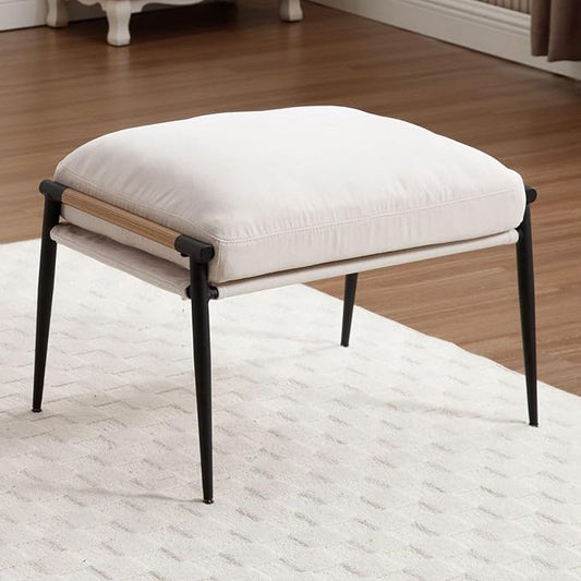 LukeAlon Upholstered Chenille Footstool, Modern Ottoman Footrest Small Shoe Stool with Black Metal Legs Mid Century Vanity Stool with Wooden Armrests for Living Room Entrance Cushion Removable, Beige