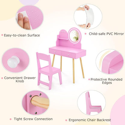 Costzon Kids Vanity, Girls Vanity Set with Mirror and Stool and Lights, Drawers, Storage Shelf & Hooks, 2 in 1 Makeup Desk Dressing Table, Kids Vanity Table and Chair Set (Pink)