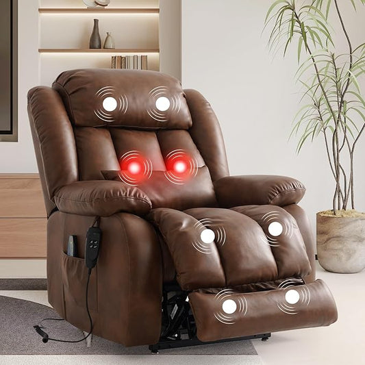 TEKAMON Power Lift Recliner Chair for Elderly, Dual Motor Genuine Leather Recliner with Heat & Massage, Lay Flat Sleeping Chairs with Infinite Position, Remote Control & USB Ports