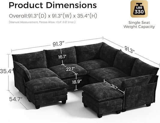 KKL 120" Modular Sectional Sofa, Large V Shape 7 Seater Convertible J/L/U-Shaped Modern Sectional Couch with Ottoman, Chenille Sectional Couches for Living Room, Apartment, Black