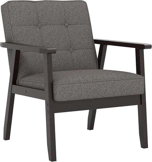 Modern Accent Chair with Arm Rest, Upholstered Linen Fabric Leisure Chair Comfy Side Chair with Backrest Button and Wooden Frame for Living Room Bedroom Reading(Gray)