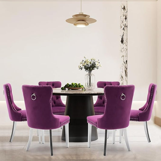 Velvet Upholstered Dining Chairs Set of 6, Modern Kitchen Side Chairs with Nailhead Trim and Silver Plated Leg, Metal Pulling Ring for Dining Room Living Room(Purple-Silver Plated Leg)