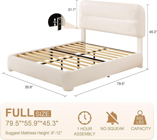 Full Size Cloud Bed Frame, Upholstered Boucle Platform Bed with Adjustable Headboard, Anti-Collision Soft Rounded Corners, Noise Free, Easy Assembly, White