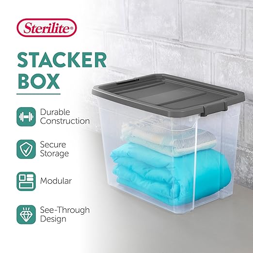 Sterilite 16-Pack Modular Stacker Box, Durable Clear Plastic Storage Bins with Latching Lids, 108 Quart - Stackable Organizing Container Boxes for Closet, Bathroom, and Office