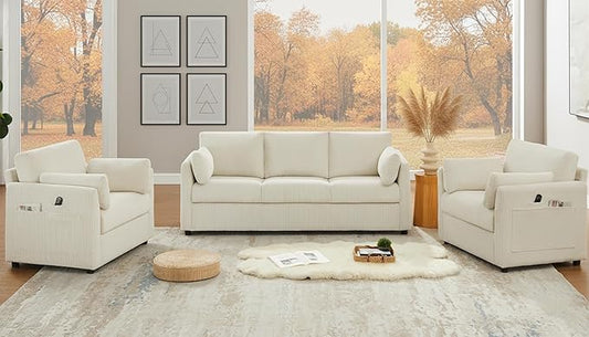 Living Room Sofa Set, Corduroy 3-Seat Couch with Set of 2 Accent Side Chairs, Soft Pillows and Side Pockets, Modern Living Room Furniture Sets for Apartment, Small Spaces, Beige