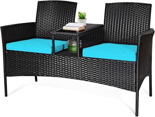 COSTWAY 2-Seat Patio Conversation Sets, Outdoor Patio Loveseat Set with Removable Cushions & Built-in Coffee Table for Backyard, Garden, Lawn, Balcony, Black+Turquoise